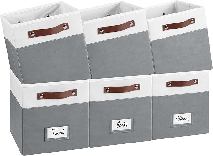 6-Pack Storage Cubes with Handles & Label Holders Basket, Closet Cube Home Organizer Bins(White/Dark Grey, 10.5*10.5*11 inch)