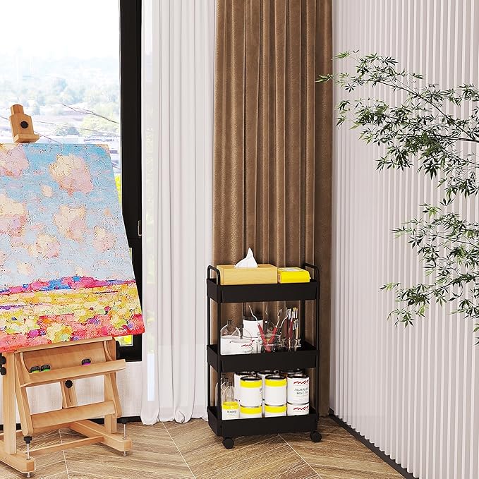 Buzowruil Rolling Storage Cart 3 Tier Organizer Mobile Shelving Unit Storage Rolling Utility Cart with Wheels for Kitchen Bathroom Laundry,Black