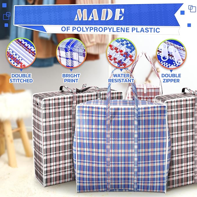 4Pcs Large Laundry Bag with Handles – Large Moving Bags with Zippers – 23.6 x 23.6 x 5.9 In (13 Gallons), Plaid Travel Bags for Clothes, Holiday Travel & Seasonal Storage | Moisture & Dirt Resistant