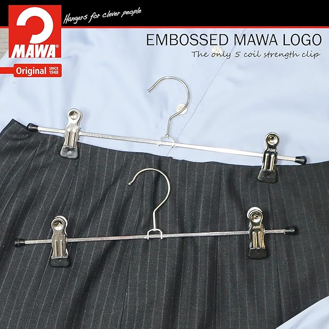 Mawa by Reston Lloyd Space-Saving Clothes Hanger for Pants and Skirts with Two Non-Slip Clips, Style K/30D, 12-Inch, Set of 12, Black