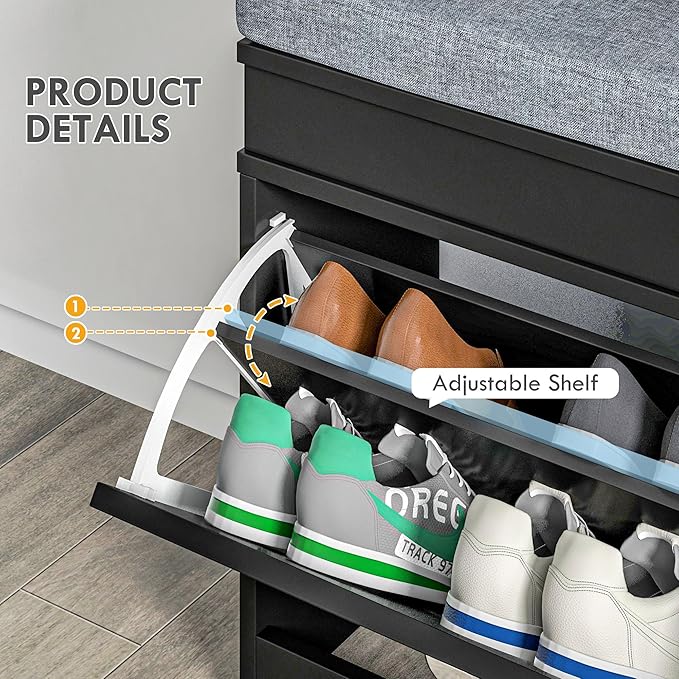 HOMCOM Modern Shoe Rack Bench for Entryway, Storage Organizer with Cushion, 2 Drawers, Adjustable Shelf, Holds 8 Pairs, Black