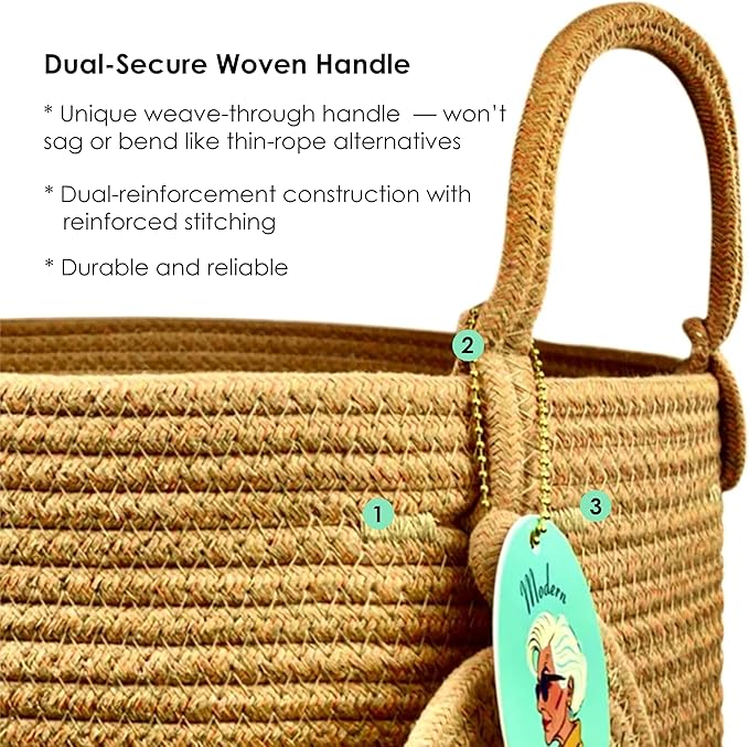 Modern Granny Medium Cotton Rope Laundry Hamper 14x16 Inch Dual Secure Woven Handle for Living Room Closet Clothes Blanket Organization