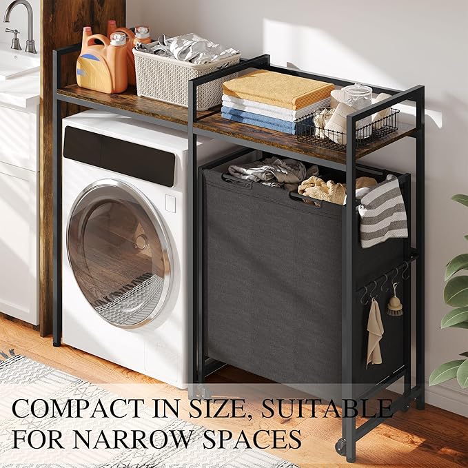 DWVO Over Washer and Dryer Shelves, Standing Shelf with Wheels 68.7 Gal Rolling Laundry Hamper with Shelf/Hooks, Over Washer Storage Portable Laundry Cart Bathroom Organization, 55" H x 47.20" W