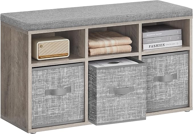 VASAGLE Shoe Bench with Cushion, Shoe Storage Bench with 6 Compartments and 3 Adjustable Shelves, Entryway Bench with 3 Storage Boxes, for Bedroom, Closet, Living Room, Heather Greige ULSB101K01
