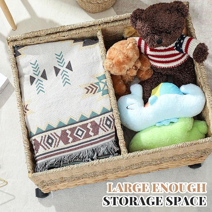 23×17.5×16 in Wicker Storage Trunk with Wheels and Lid, Heavy Duty Rolling Wicker Basket for Blankets Large Toy Chest Water Hyacinth Woven Blanket Bin for Bedroom, Laundry Room
