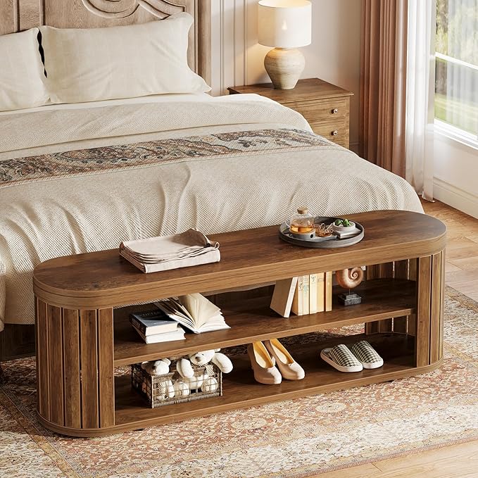 Tribesigns 47.2" Wooden Entryway Bench with 2-Tier Shoe Storage, Farmhouse Dining Bench with Adjustable Foot Pads, End of Bed Stool for Bedroom, Hallway, Living Room, Dining Room, Rustic Brown