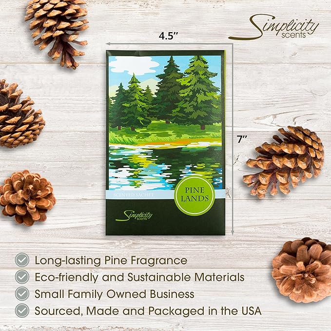 Simplicity Scents Pine Lands Scented Sachets Pack of 6, Everyday - Long-Lasting Scented Bags, Home Fragrance, Air Freshener & Deodorizer for Closet, Room, Drawer, or Cars, Made in USA