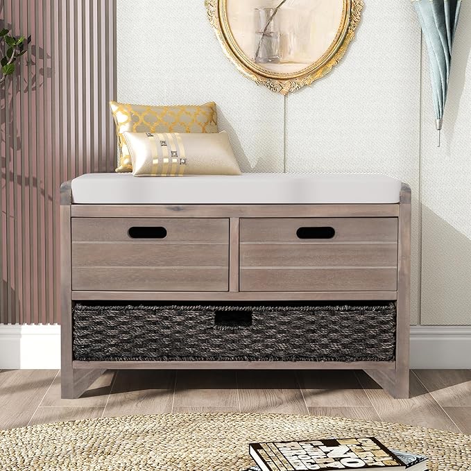 SOFTSEA Storage Bench for Entryway, Upholstered Storage Ottoman with Removable Basket and 2 Drawers, Farmhouse Shoe Bench with Seat Cushion for Entryway, Living Room, Full Assembled, White Wash