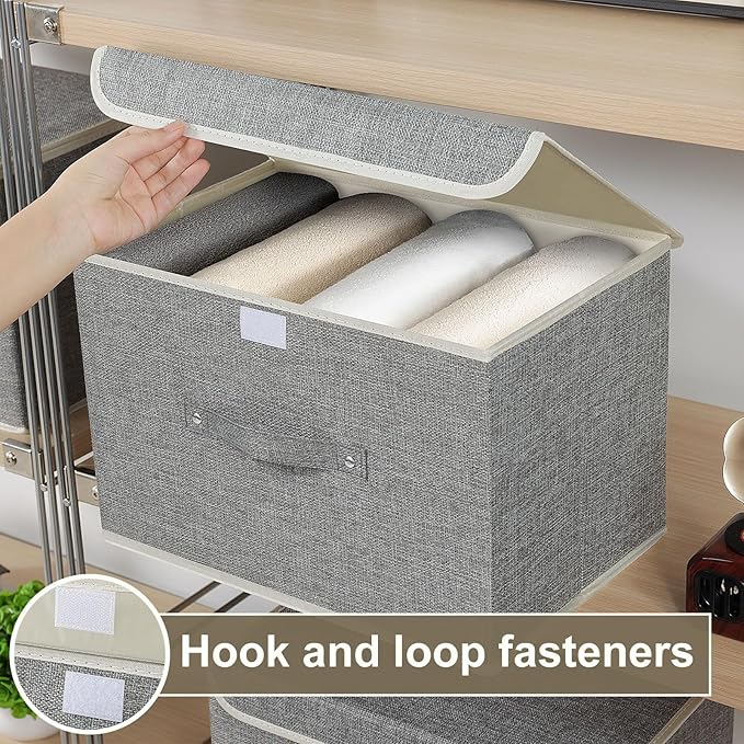 Storage Boxes, Collapsible Storage Bins with Lids, Cotton and linen cloth Storage Baskets with Handle, for Books, Closet, Bedroom, Home, 15x9.8x9.8 in, Grey