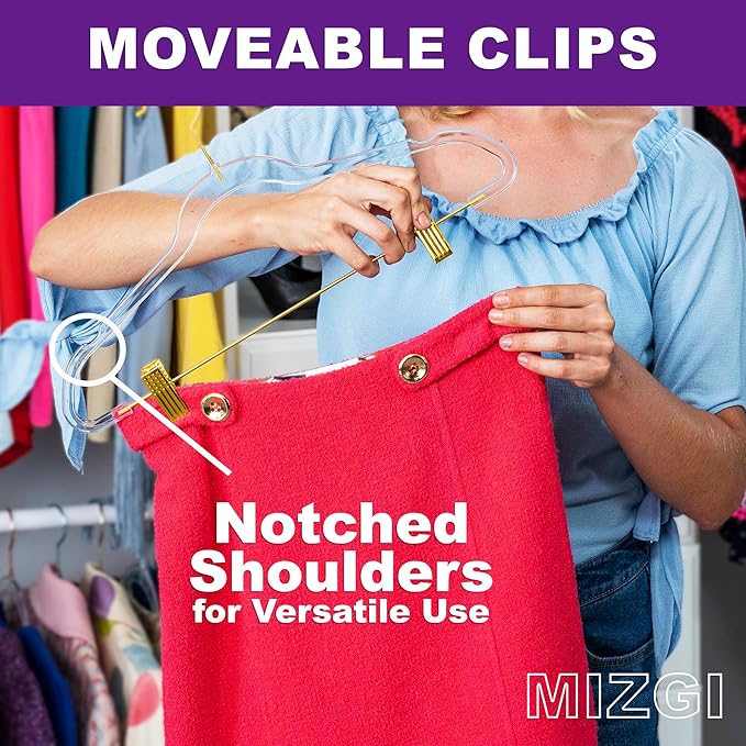 MIZGI Slim Clear Gold Pants & Skirt Hangers (20 Pack) – Adjustable Clips & Hooks, Transparent Non-Felt, Space-Saving for Dresses, Shirts, Blouses