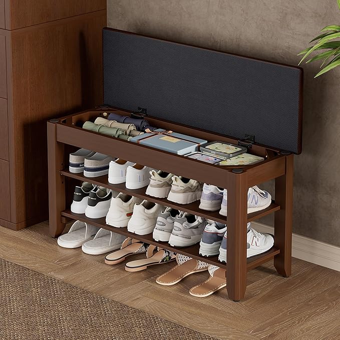 Shoe Rack Bench with Flip-Top Storage, Solid Wood Entryway Bench with Cushion, Adjustable Shelf, for Hallway, Mudroom, Closet – Walnut, 31.5"