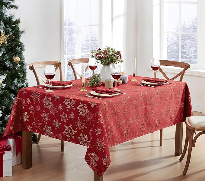 Newbridge Fancy Metallic Snowflake Christmas Fabric Tablecloth, 60 x 102 Inch Rectangle, Red Gold, No-Iron Soil Resistant Sparkling Snowflakes Woven Holiday Table Cover