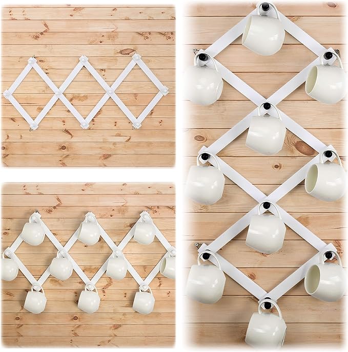 Dseap Accordian Wall Hanger: 16” High Wooden Wall Expandable Coat Rack, Hat Rack Holder, Accordion Hook for Baseball Caps, Coats, Mugs, 10 Peg Hooks, White