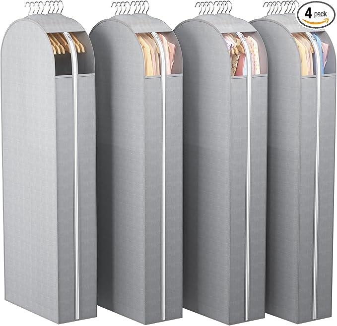 10" Gusseted Garment Bags for Hanging Clothes with clear window, 60" Suit Bags for Open Closet Storage, Clothing Cover for Coat, Dress, Jacket, Shirt, Fur Wardrobe Protector, 4 Packs