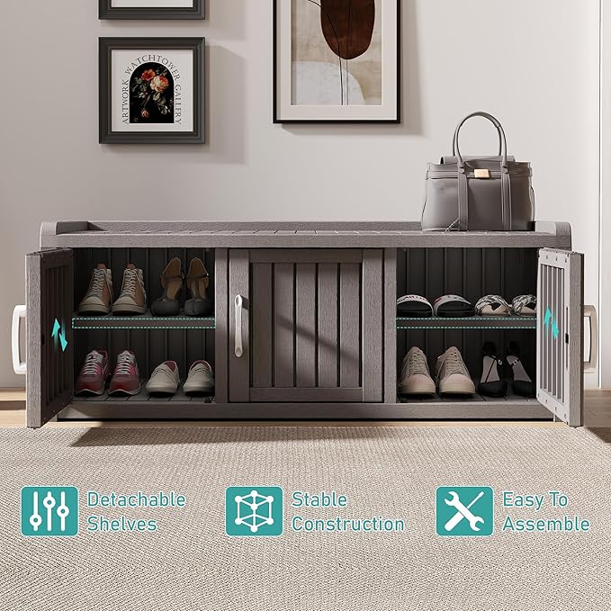 KAMABOKO Shoe Storage Cabinet Waterproof UV-Resistant, Entryway Storage Bench Indoor Outdoor with 3 Barn Doors, Adjustable Shelves for Entryway, Bedroom, Hallway,Living Room(Grey)