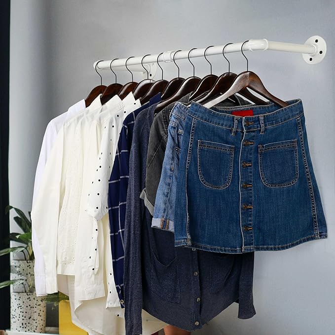 WEBI Clothing Rack Wall Mount,32" Industrial Pipe Clothes Rack for Hanging Clothes,Heavy Duty Iron Garment Rack Bar,Retail Display Clothes Rod for Closet,Laundry Room,White,2 Packs