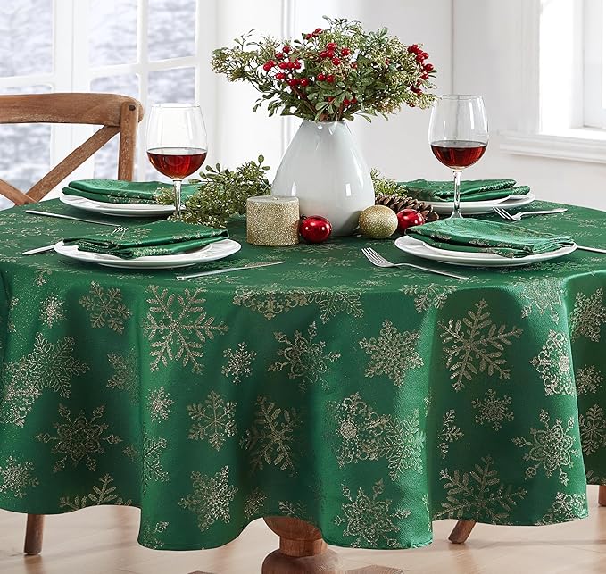 Newbridge Fancy Metallic Snowflake Christmas Fabric Tablecloth, 60 x 84 Inch Oval, Hunter Gold, No-Iron Soil Resistant Sparkling Snowflakes Woven Holiday Table Cover