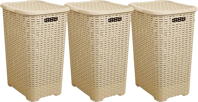 Plastic Laundry Hamper with Lid 3 Pack Laundry Hamper Basket, Beige Tall Cloths Hamper Organizer with Cut-out Handles. Space Saving for Laundry Room Bedroom Bathroom, Wicker Design 60 Liter