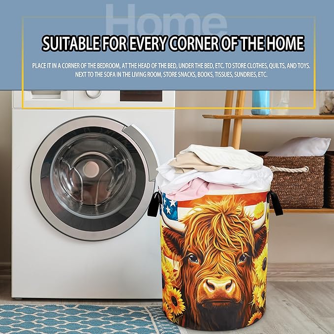 Highland cattle American flag Laundry Basket foldable Oxford Cloth Funny Tote Bag Laundry Hamper Clothes Storage Bucket Toy Organizer For Bathroom/Laundry Storage/Bedroom 18.9x16.5 Inch