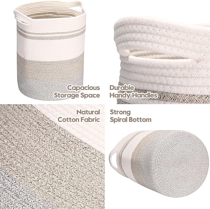 Sea Team Large Size Cotton Rope Woven Storage Basket with Handles, Laundry Hamper, Fabric Bucket, Drum, Clothes Blankets Organizer for Kid's Room, 18 x 20 inches, Round Open Design, White & Khaki