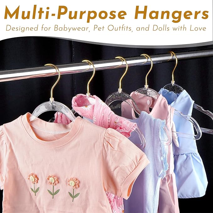 20-Pack Kids Glitter Clothes Hangers – Sparkly Non-Slip 12.5in (32cm) Slim Hangers for Nursery Closet Organization, Gold Glitter with Matching Hook