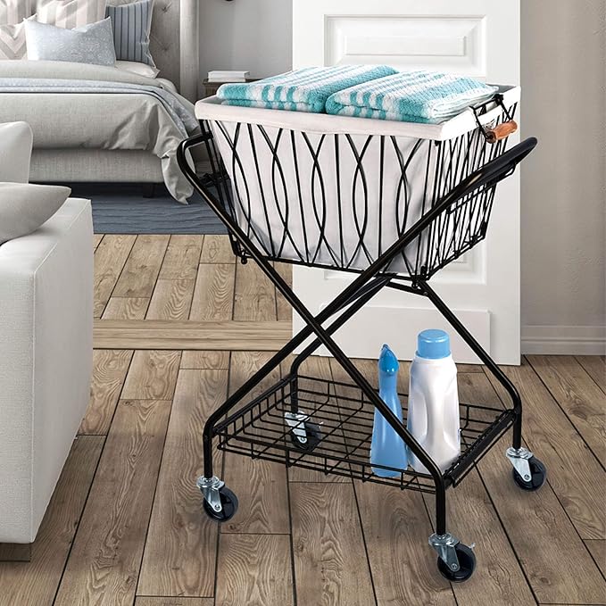 Artesa Verona Collapsible Laundry Cart with Basket, Black Large