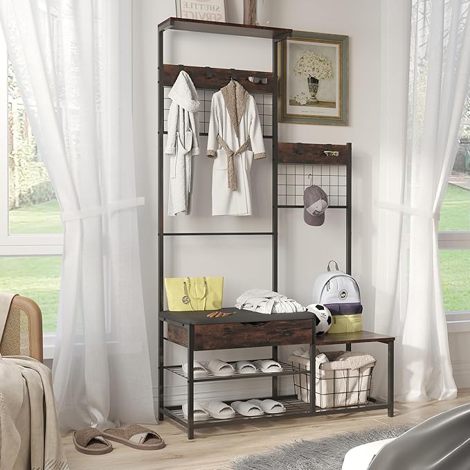 CharaVector 4-in-1 Hall Tree with Storage Drawer & Soft Cushion - Industrial Entryway Bench Coat Rack, Antique Brown, Parent-Child Design with Stable Metal Frame