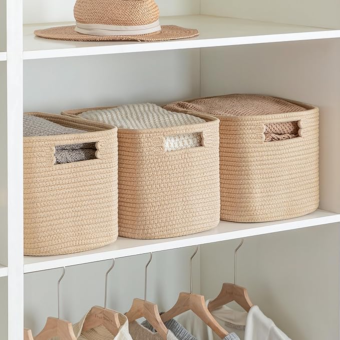 UBBCARE 2 Pack Storage Baskets for Organizing, Shelf Baskets with Handles, Woven Storage Baskets for Bookcase/Cube Shelf/Closet, 14.5"L x 9.8"W x 9"H, Brown