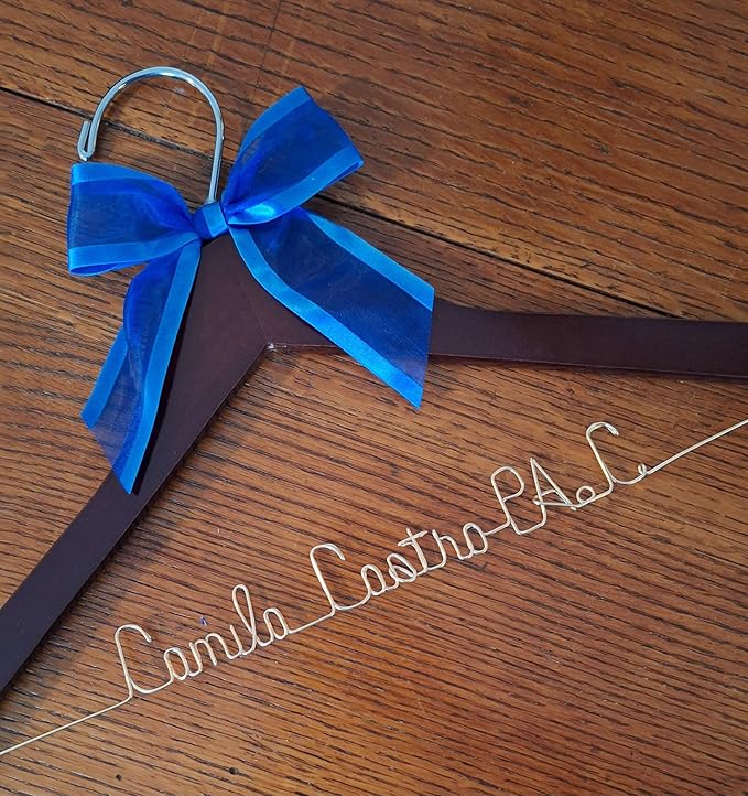 Bride Wedding Hanger for Dress Bride Name Mrs Silver, Gold Wire Writing - Dark Wood or White Wood Hanger with Notches Choice of 10 Bow Colors with or Without Wedding Date, Graduation Gown