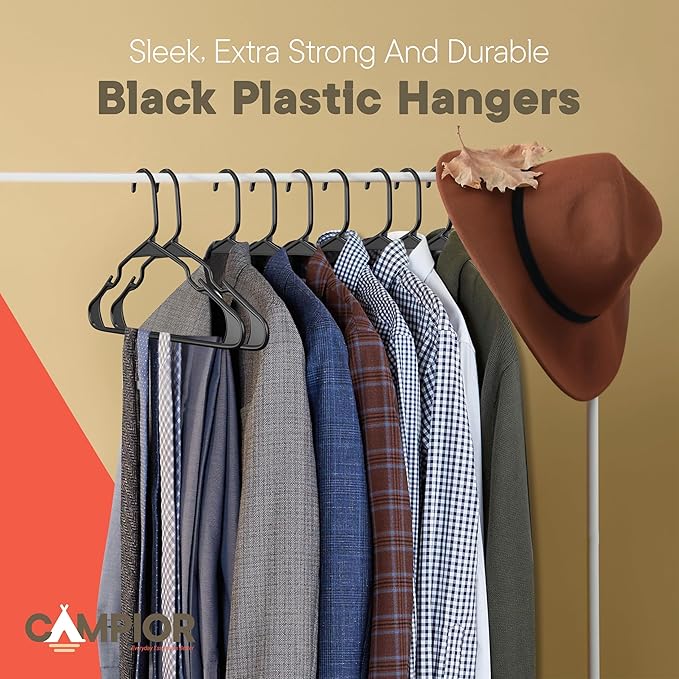 Black Plastic Hangers 80 Pack– Heavy-Duty Plastic Hangers Slim and Space-Saving, Durable and Lightweight PP with Non-Slip Shoulder Notches for Slip Dresses, Suits, Jackets & Camisoles