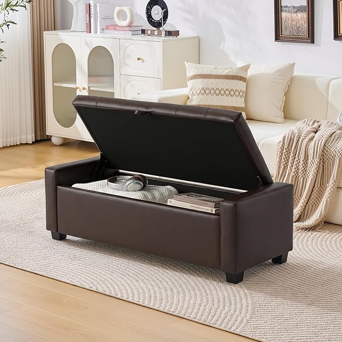 48" Ottoman with Storage, Storage Ottoman Bench with Safety Hinge, Upholstered Entryway Bench with Seating for Bedroom, Living Room, Holds up to 330 lb, Dark Brown