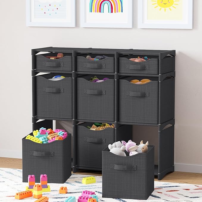 9 Cube Storage Organizer With Bins Included - Closet Storage With 9 Storage Bins - Easy To Assemble Storage Unit With Drawers - Closet Organization For Clothes, Bedroom, Nursery, & Toys (Dark Grey)
