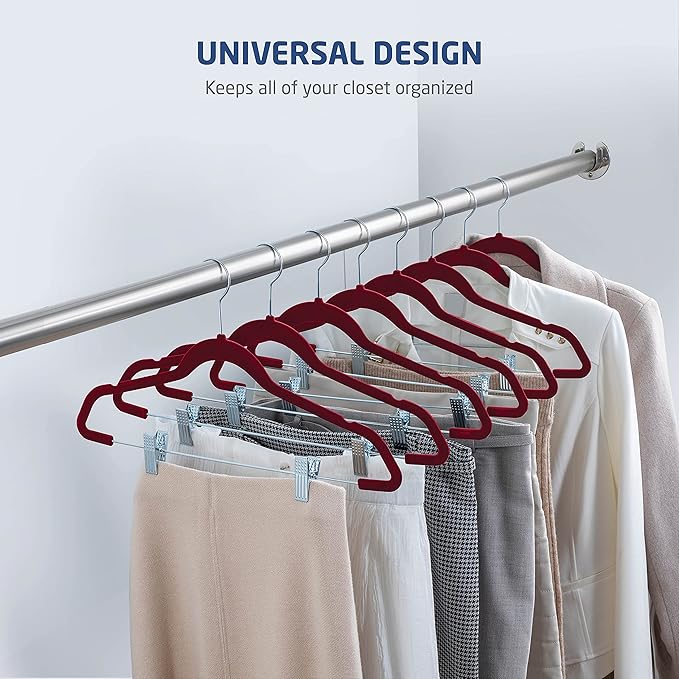 Zober Velvet Hangers with Clips - 20 Piece Set for Pants, Skirts, Suits, Dresses & Shirts - Notched Burgundy Velvet, Non Slip Felt, 360 Degree Hook