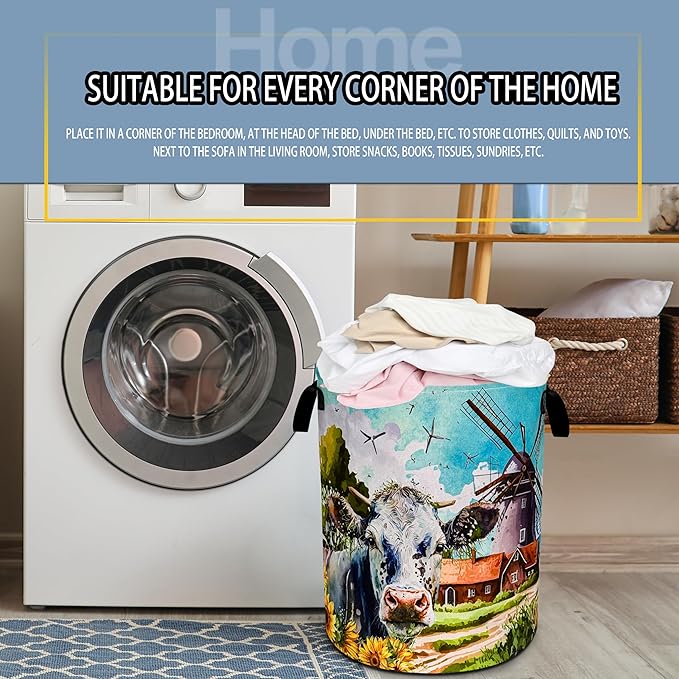 Cow Laundry Basket Farm Foldable Oxford Cloth Funny Tote Bag Laundry Hamper Clothes Storage Bucket Toy Organizer For Bathroom/Laundry Storage/Bedroom 18.9x16.5 Inch
