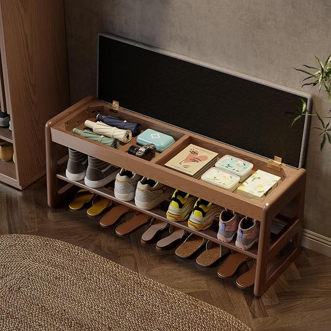 AQIMUELE Shoe Rack Bench,2 Tiers Shoe Bench with Storage with Flip-Top,Wood Shoe Rack for Entryway,Hallway(Walnut Upholstered Seat