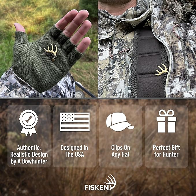 Fisken Hat Clip for Hunters - Brass Brim Clip, 10-Point Buck Antler Design - Squeeze On Any Hat - Durable & Stylish - Perfect Hunting Gift for Men & Women - USA Designed by Bow Hunter