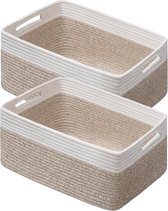 UBBCARE 2 Pack Storage Baskets for Shelves, Large Woven Storage Baskets, Dog Toy Bins, Baskets for Organizing Clothes, Towels, Books, Blanket, 17"L x 13"W x 7.5"H, White&Brown