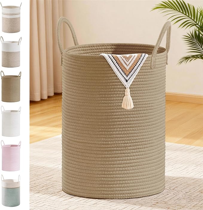 Tall Laundry Basket with Handles, 72L Portable Dirty Clothes Hamper, Boho Cotton Rope Storage Bin for Blankets Kids Toys Gifts, Decorative Organizer for Baby Nursery Bedroom Bathroom, Jute