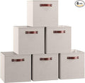 Ornavo Home 11 x 11 Storage Cube Bins, Foldable Collapsible Fabric Storage Bins Box Linen Shelf Basket Cube Organizer for Closet with Leather Handles, 6 Pack, Beige