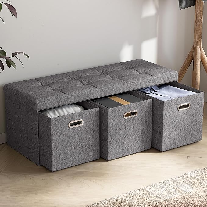Ornavo Home Storage Ottoman with 3 Drawers, 40 Inches Long Foldable Tufted Linen Large Bench Ottoman with Storage, Foot Rest Stool Seat, for Living Room, Bedroom, Entryway, Dark Gray