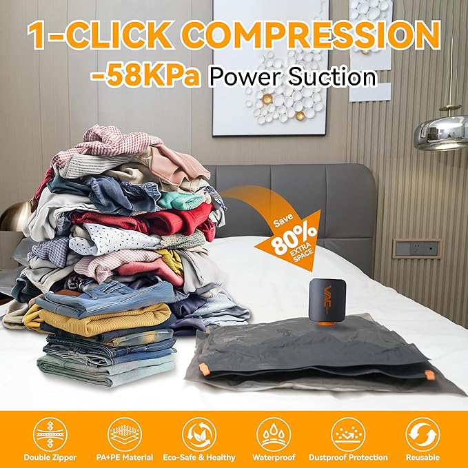 Travel Vacuum Bags with Wireless Pump, 9 Pack Vacuum Storage Bags with Powerful -58KPa Suction, for Maximum Compression in Luggage, Suitcase, Travel and Home Use for Clothes and Blankets