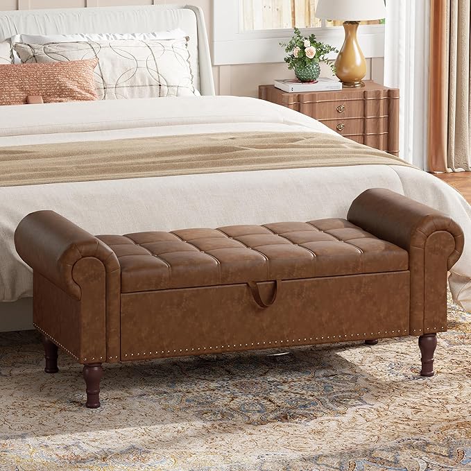 YOUDENOVA 51" Entryway Bench with Storage, PU Leather Storage Bench Chest with Tufted Button, Upholstered Storage Ottoman Bench with Rolled Arms for Bedroom, Living Room, Storage Room, Brown