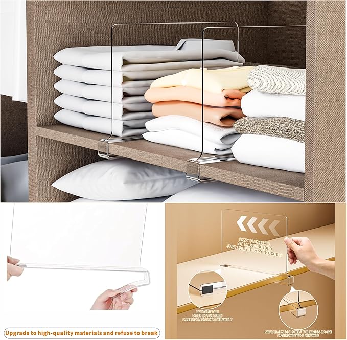 Yieach 10 Pack Clear Acrylic Shelf Divider for Closet Organization - 9.2″ Tall Closet Dividers for Wood Shelves,Cupboard,Vertical Shelf Separators in Closet for T-Shirt,Purse,Handbag,Sweater Organizer