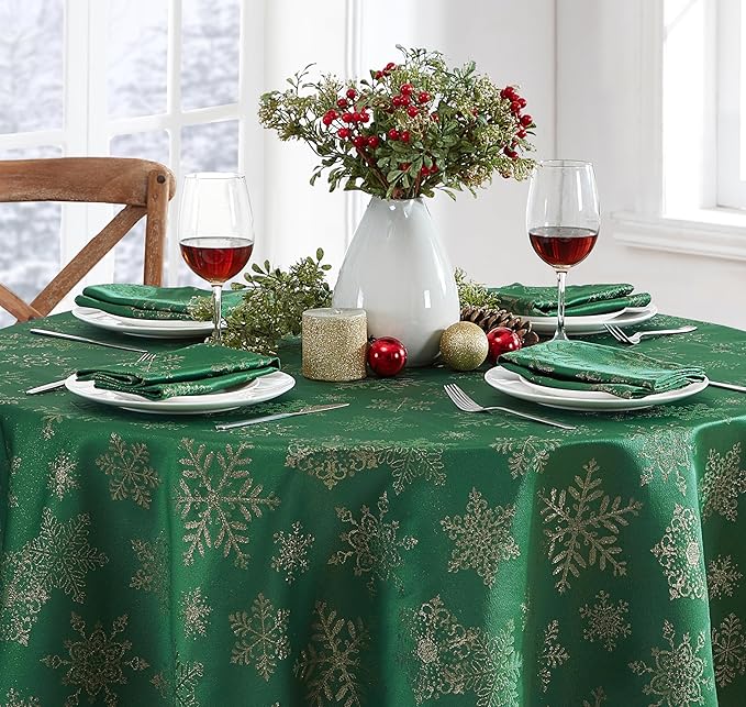 Newbridge Fancy Metallic Snowflake Christmas Fabric Tablecloth, 60 x 84 Inch Oval, Hunter Gold, No-Iron Soil Resistant Sparkling Snowflakes Woven Holiday Table Cover