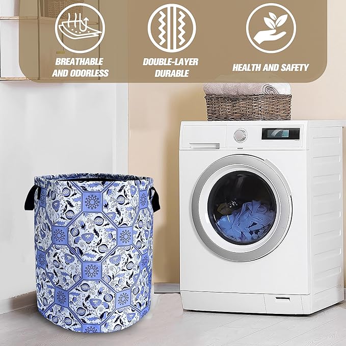 Chinoiserie Style Blue And White Porcelain Laundry Basket Foldable Oxford Cloth Funny Tote Bag Laundry Hamper Clothes Storage Bucket Toy Organizer For Bathroom/Laundry/Bedroom 18.9x16.5 In