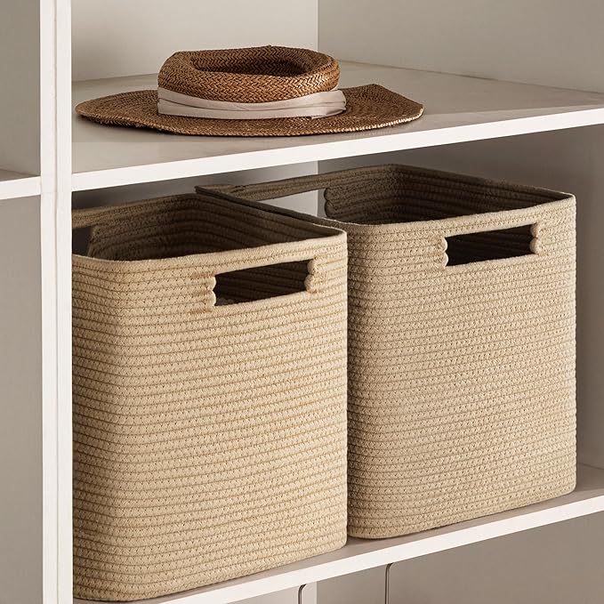 UBBCARE Set of 3 Cotton Rope Basket 13 X 13 X 13 Inches, Woven Storage Baskets for Shelves, Organizing with Handles, Cube Storage Bins for Storage Books, Magazines, Brown