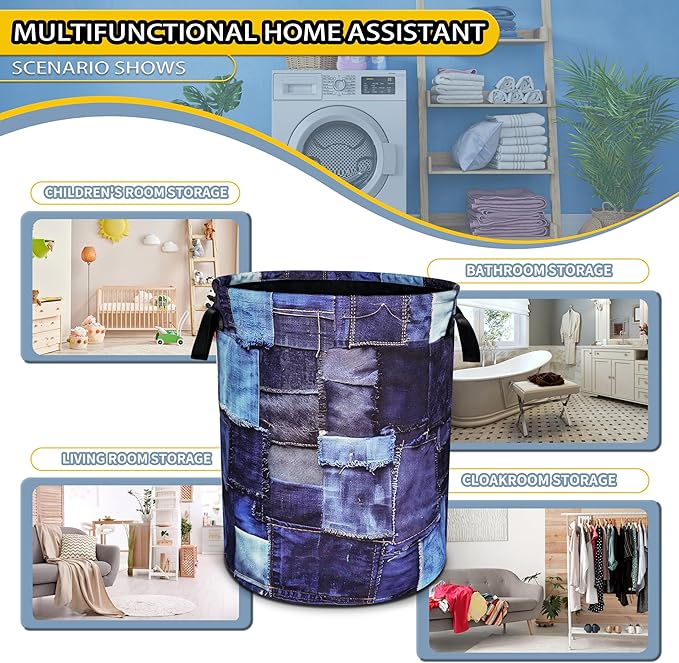 Blue Denim Pattern Laundry Basket Patchwork Design Foldable Oxford Cloth Funny Tote Bag Laundry Hamper Clothes Storage Bucket Toy Organizer For Bathroom/Laundry Storage/Bedroom 18.9x16.5 In