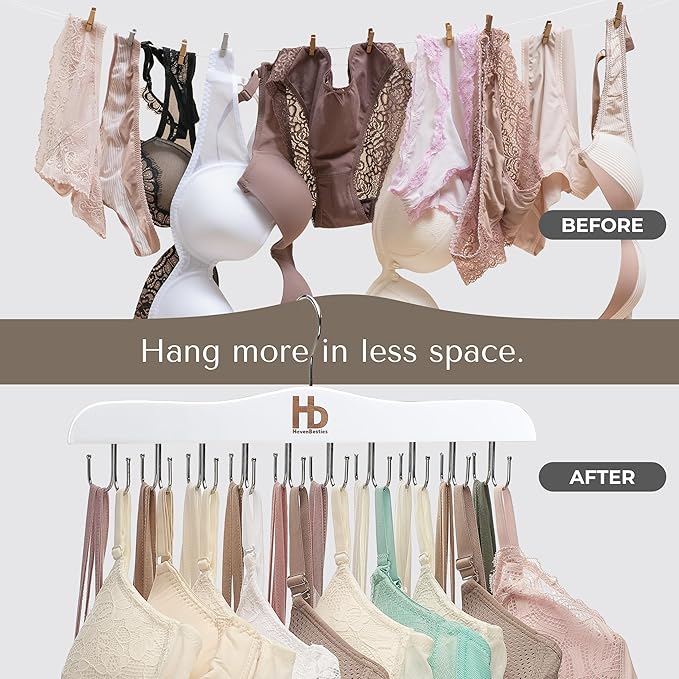 Large Bra Hanger and Bra Organizer for Closet – Tank Top Hanger Space Saving for House, Dorm, Apartment - Foldable Wooden for Closet Organizer– with 20 Hooks, Lotus Wood, White, 2 Pack