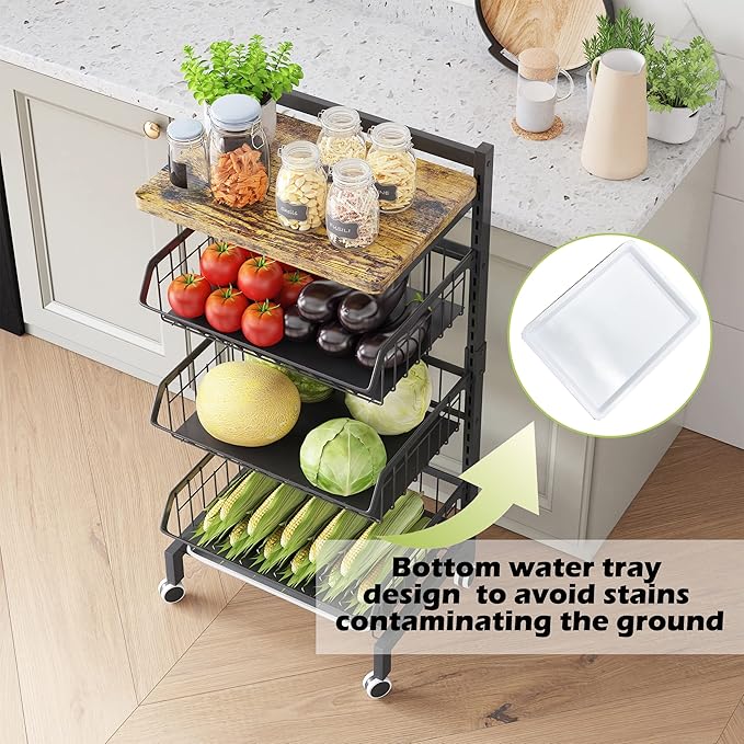 COVAODQ Fruit Basket 4 Tier Adjustable Fruit Vegetable Basket Cart Metal Wire Storage Cart Rolling Pantry Utility Kitchen Cart