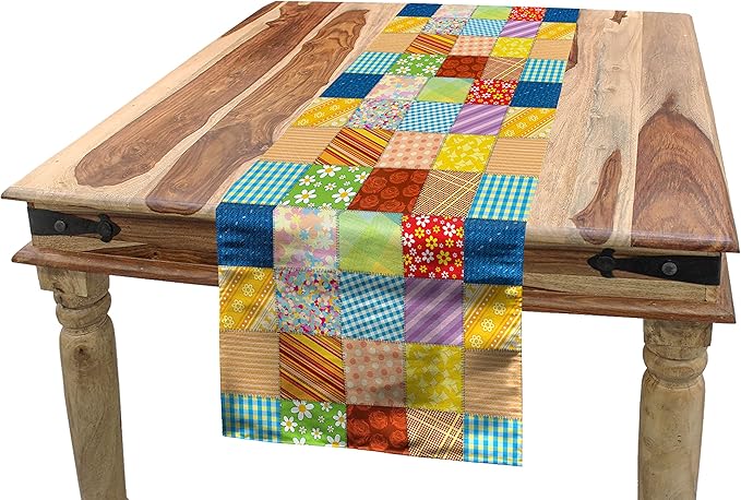 Lunarable Colorful Table Runner, Quilt Style Floral Plaid Geometric Design Old Fashioned Patchwork Pattern, Rectangle Scarf for Dining Room Kitchen Table Setting Decor, 14" x 72", Lilac Mustard Blue